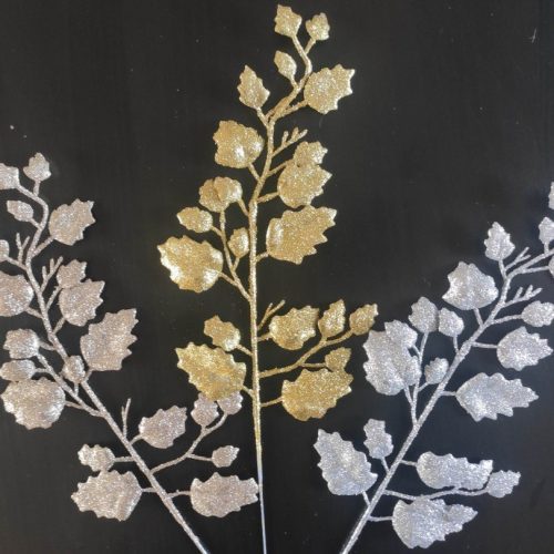 Csillámos leveles díszítő ág, 3 színben - 40 cm